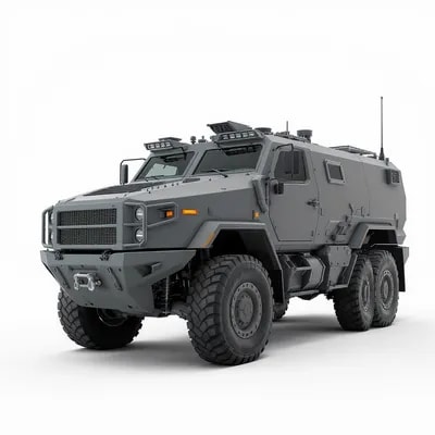 A hyper-realistic, matte gray armored personnel ca...