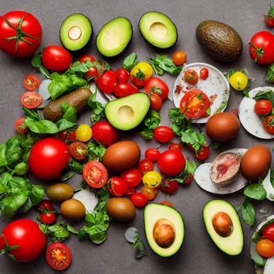 very healthy food plate with avocados, tomatoes, e...