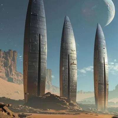 A retrofuturistic scene of an alien planet with th...