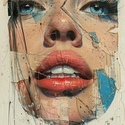 print collage of a woman's face, in the style of j...