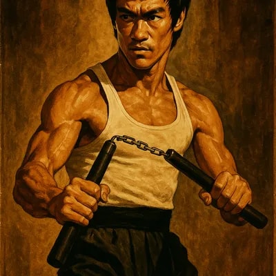 A detailed illustration of Bruce Lee in his iconic...