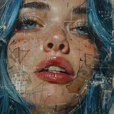 woman with blue hair, in the style of multi-layere...