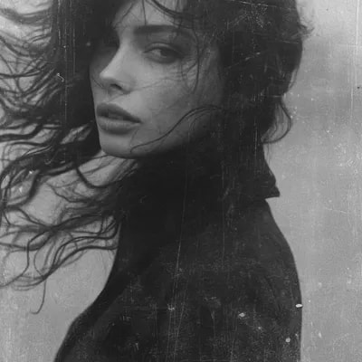 a woman with long wild hair on a windy day, in the...