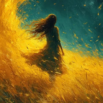 a girl walking through a field, in the style of et...