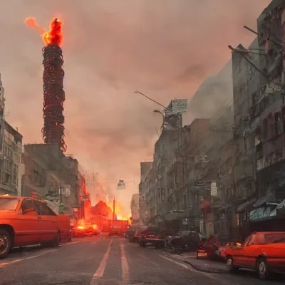 city street view with one tall antenna tower in th...