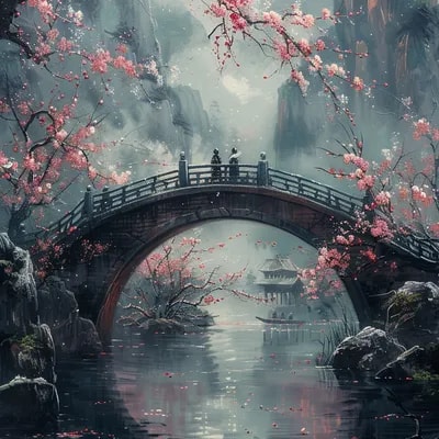 two people walk the bridge under a large cherry bl...