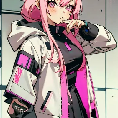anime girl with pink hair and a white jacket and b...