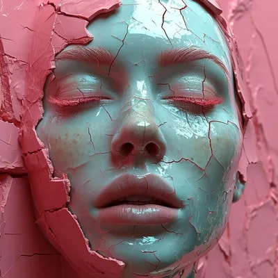 woman bionic ceramic glossy pink face sculpture, p...