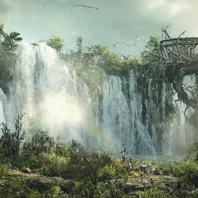 overgrown postapocalyptic ruins, birds in the sky,...