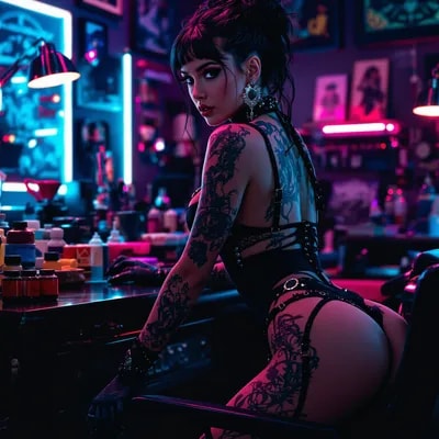 a bold and edgy portrait of a tattoo artist workin...