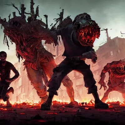 a battle in the ruined streets at night between 3 ...