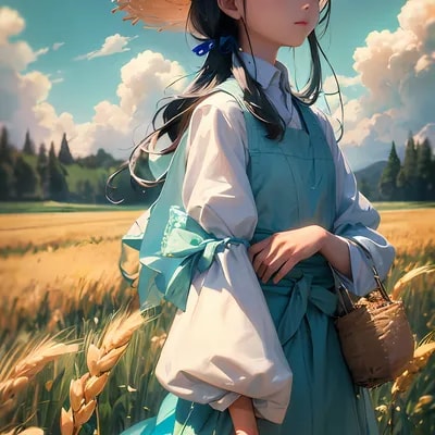 Wheat field, a farmer uncle with a straw hat stand...