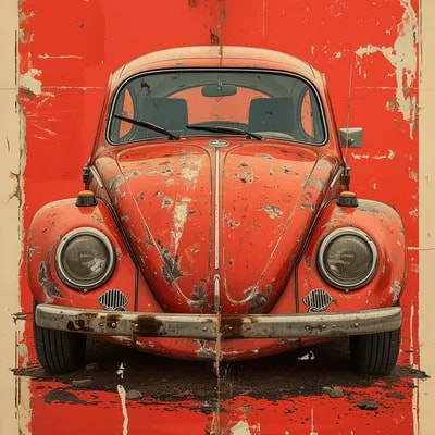 vw beetle vintage poster, in the style of rustic s...