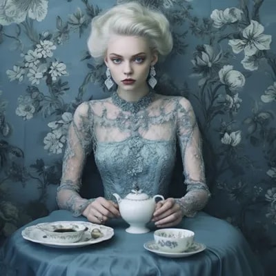 a woman sitting at a table , by Valerie Petts, tum...