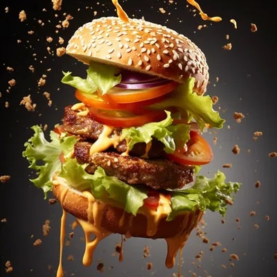 Flying food photography with [Two Burgers] as the ...