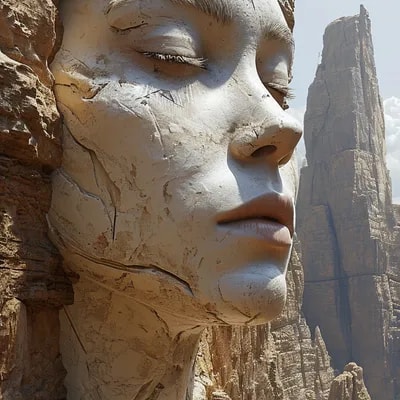 art statue in cliffs, in the style of realistic hy...