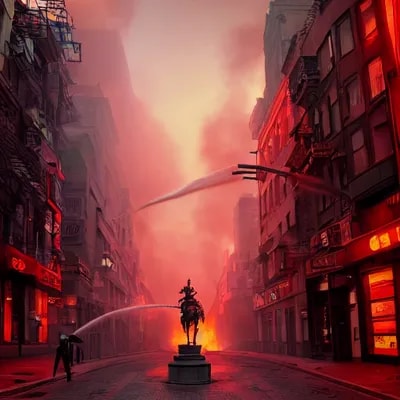 city street view with one great statue of a knight...