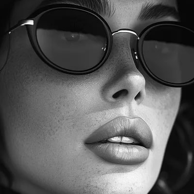 a woman wearing black sunglasses and a hat, in the...