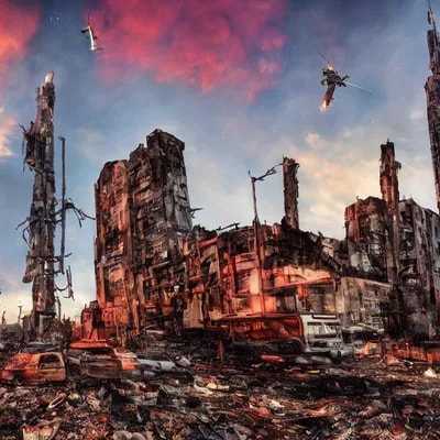 space ship in sky firing city street view with one...