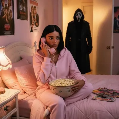 person is seen wearing a black suit and looking at themselves in a lar