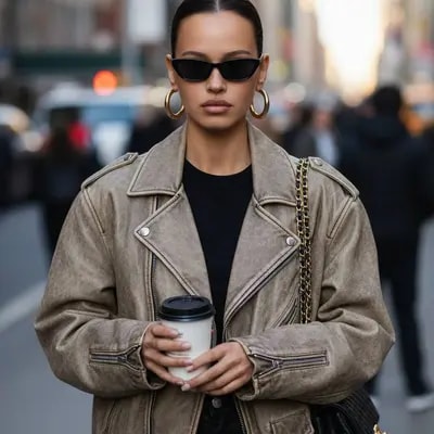 street style portrait, leather jacket, sunglasses, coffee cup, luxury 