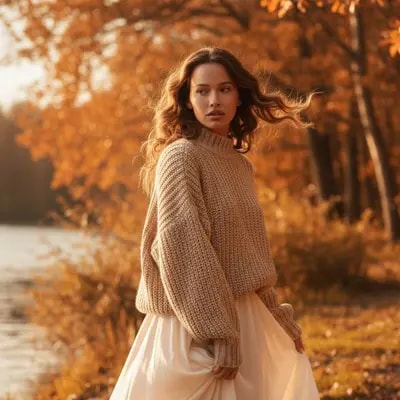 romantic autumn breeze, golden hour glow, cozy knitwear, cinematic mot