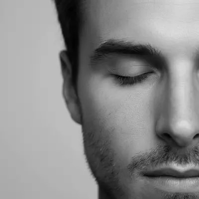 black and white close-up portrait, half face, closed eyes, soft side l