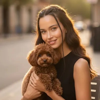 soft daylight portrait, woman with small brown poodle, braided front h
