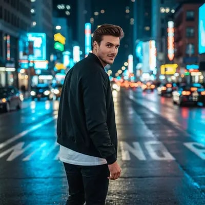 back view turn, cinematic night, street reflections, warm-cold contras