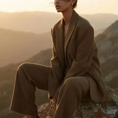 Cinematic editorial fashion portrait, golden hour light, olive-brown s