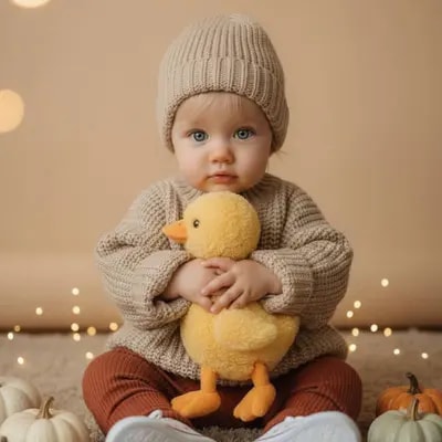 Realistic autumn baby shoot, cozy minimal setting, pumpkins, plush toy