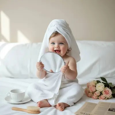 Cinematic baby morning photo, cozy white bedding, natural soft light, 