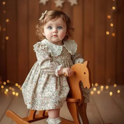 Ultra-realistic baby girl photoshoot, wooden rocking horse, floral vin