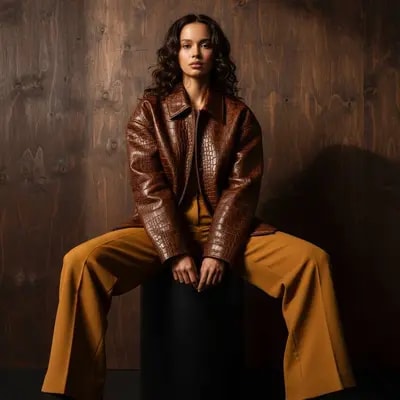 cinematic vertical portrait, confident seated pose, editorial lighting