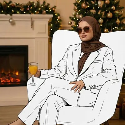 Change the subject's outfit to be rendered as a clean black-pen line d