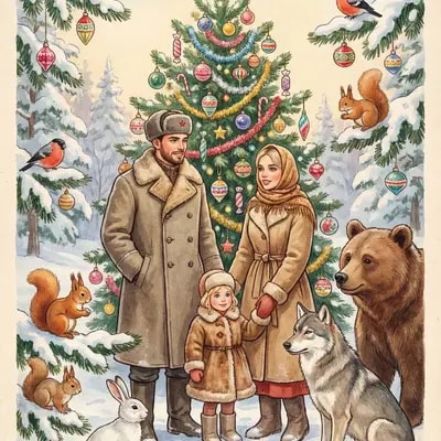 Photorealistic illustration in the style of a vintage Soviet New Year 