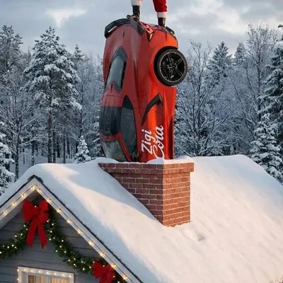 hyper-realistic, funny Christmas photo of the specific car from the up
