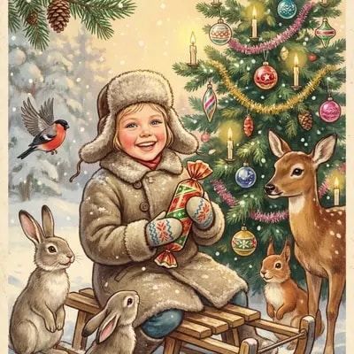 Vintage Soviet New Year postcard illustration, late 1950s–1960s style.