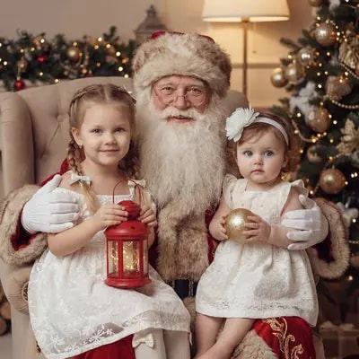 Russian Ded Moroz is sitting in the center of the frame, wearing a tra