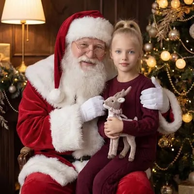 Russian Ded Moroz is sitting in the center of the frame, wearing a tra