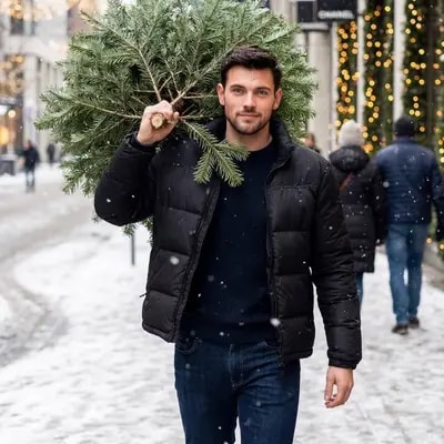 Hyper-realistic winter urban scene. A modern city street with light sn