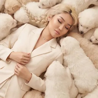 dreamy high-fashion editorial portrait. A person fully surrounded by d