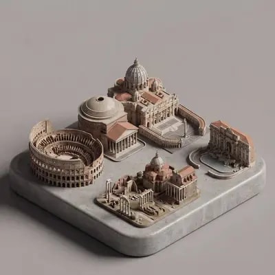 clean, minimal 3D isometric diorama depicting a curated collection of 