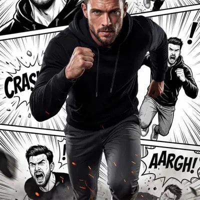 Cinematic, hyper-realistic action portrait of the model strictly from 