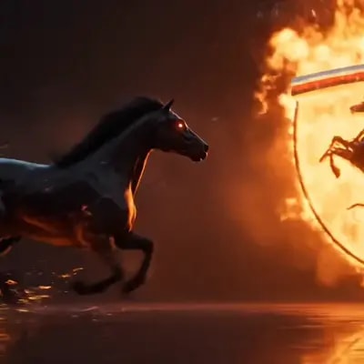 A dramatic cinematic scene where a powerful black horse gall