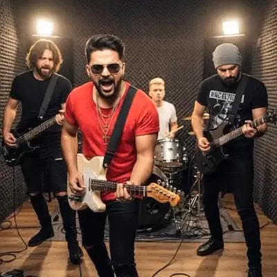 hyperrealistic ultra detailed band composed of four men is captured in