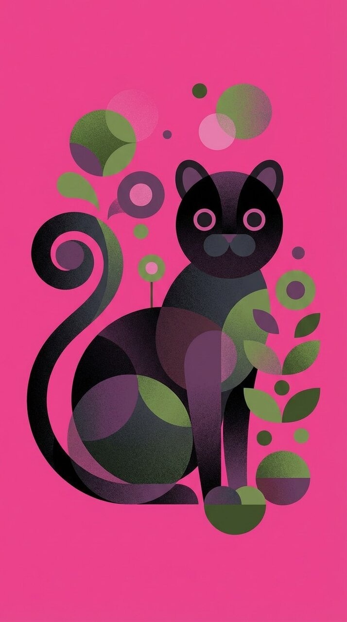 ✏  geometric illustration of a black cat sitting on a vibran