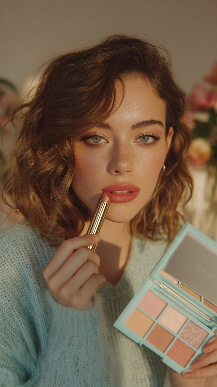 ✏  young woman with wavy teal hair, holding gold lipstick ne