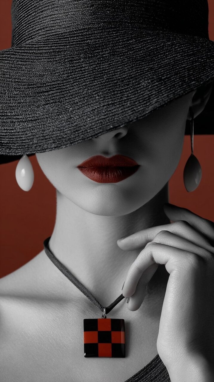 ✏  face partially obscured by hat, holding checkered pendant