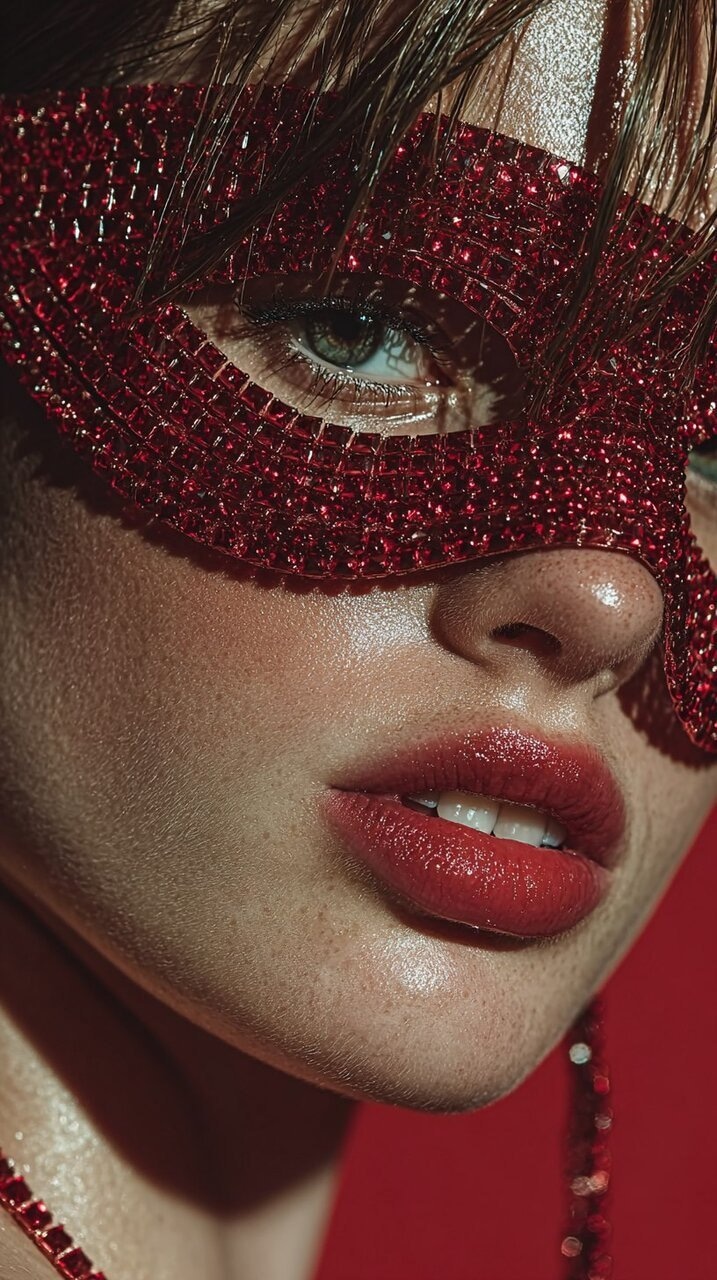 ✏  young woman with fair skin, red lips, posing with red cry